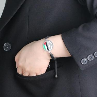 Imagem de Pulseira Palestine Dome of the Rock - Joia com pingente de bandeira redonda em cordão preto, design solidário feito à mão YA6014, Adjustable, Aço inoxidável, Sem Pedra Preciosa