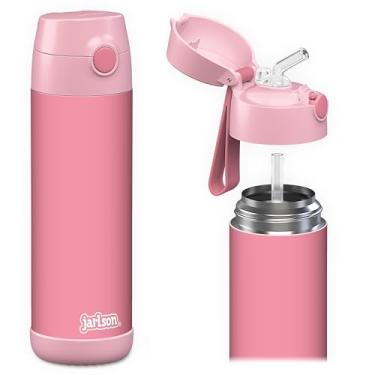 Imagem de Jarlson Charli Garrafa infantil de aço inoxidável com canudo – Frasco térmico de 350 ml – Testado TÜV – Livre de BPA – à prova de vazamento – Garrafa de água térmica para escola, berçário (rosa)