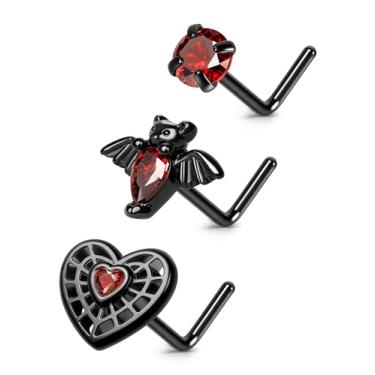 Imagem de BodyBonita Anel de piercing de nariz de Halloween, anéis de nariz de aço cirúrgico 316 20G, joia de piercing de nariz em forma de L, pingente de teia de morcego de aranha coração vermelho zircônia