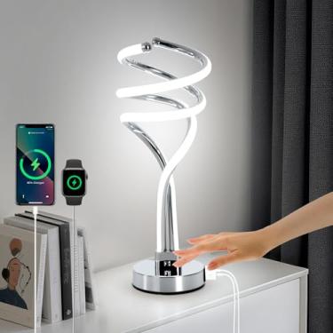 Imagem de EIDISUNY Luminária de mesa de LED moderna, 3 temperaturas de cor, luminária de mesa de cabeceira regulável com curva de controle de toque com portas USB, luminária de mesa LED com controle de toque