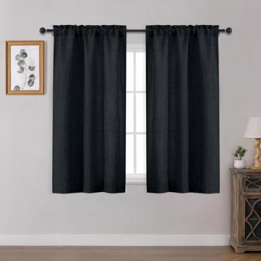 Imagem de OWENIE Cortinas curtas pretas para janela pequena, 113 cm de comprimento, conjunto de 2 painéis para quarto, sala de estar, banheiro, armário, porão, cortinas de cozinha curtas texturizadas com