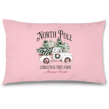 Imagem de Likjad Capas de travesseiro vintage de caminhão de Natal 30,5 x 50, decoração de Natal rosa, guirlanda de árvore de Natal, captador de guirlanda de inverno decorativo para sofá, cama, casa, quarto