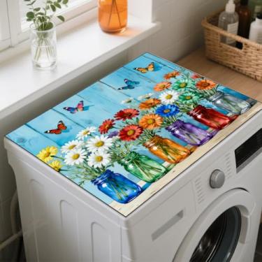 Imagem de GLOBLELAND Margaridas Borboleta Lavadora Secadora Capa de Poeira 23,6 × 19,175 cm Mason Jar Máquina de Lavar Protetor Superior Almofadas Antiderrapantes Capas de Máquina de Lavar Roupa para Lavanderia