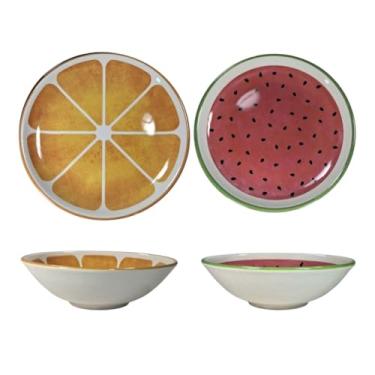 Imagem de Conjunto 2 Pratos 20cm e 2 Tigelas 300ml Estampada Sobremesa Cereal Salada De Frutas Café da Manhã (MELANCIA E LARANJA)