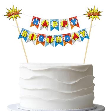 Imagem de Banner de topo de bolo de feliz aniversário de super-herói - bandeira de galhardete feita à mão com desenho animado herói meninos crianças faixa de bandeira de aniversário guirlanda de topo de bolo