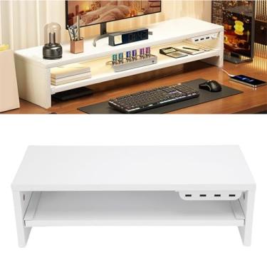 Imagem de Depisuta Riser de Exibição de Mesa Com Gaveta, Organizador de Mesa de Altura Ascendente de 15 Cm Com 2 Tomadas CA, 3 Portas USB para Carregar Vários Dispositivos, para Home Office (Leite Branco)