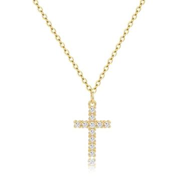 Imagem de Tewiky Colar de cruz para mulheres - Colar delicado simples banhado a ouro 14 k / prata esterlina pingente de cruz bonito colares joias para mulheres, Latão, Zircônia cúbica