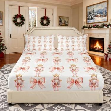 Imagem de Jogo de lençol Queen com desenho animado Quebra-Nozes, laço rosa, princesa romântica, decoração de quarto de meninas e mulheres, lençol com elástico, 2 fronhas (sem plano)