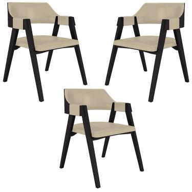Imagem de Kit 3 Cadeiras Sala De Jantar E Jogos Carteados Madeira Maciça Poker Pu Bege-preto G42 - Gran Belo