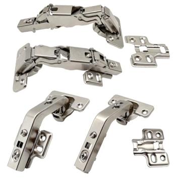Imagem de Kit de 2 pares de dobradiças de 135 graus e 165 graus para armários de canto de torta, Susan preguiçosa oculta, encaixe, fechamento lento suave, suporte oculto para porta dupla, armário de cozinha