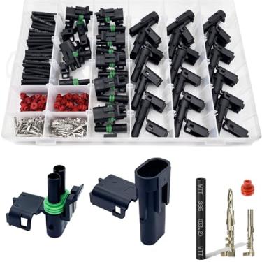 Imagem de Twippo 15 kits de conectores de 2 pinos kit de conectores climáticos automotivos elétricos à prova d'água, 2 conectores de fio com kit de tubulação retrátil de 60 peças (18-14 AWG)