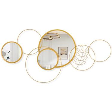 Imagem de WDSHIYI Conjunto de espelhos de parede dourados, montados na parede, redondos de metal, espelhos, círculos, espelhos decorativos modernos para sala de estar, quarto, banheiro, entrada, 40 x 81 cm