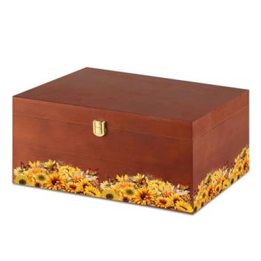 Imagem de InnoBeta Caixa de lembrança de presentes de girassol, caixas de armazenamento de madeira, organizador decorativo com tampa para inauguração de casa, Natal, aniversário, tesouro de memória