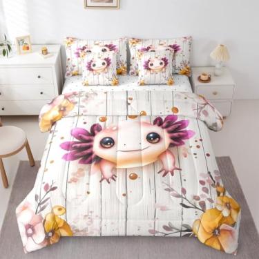 Imagem de Lindo conjunto de edredom solteiro Axolotl com lençóis, estampa de tritão do oceano azul, cama floral vintage de madeira campestre em uma bolsa, decoração de réptil de vida selvagem, anfíbio