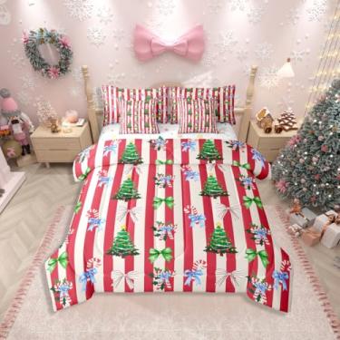 Imagem de Erosebridal Conjunto de edredom solteiro Feliz Natal com lençóis, laço verde e azul, 7 peças, para crianças, meninas, meninos, adultos, cana-de-doce, verde, árvore de Natal, conjunto de cama com