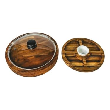 Imagem de Kit Tábua de Servir Giratória em Madeira Teca com Tampa de Vidro e Petisqueura com Pote Cerâmico para Petiscos, Carnes, Pais, Redonda, Estilo Rústico, Base Antiderrapante