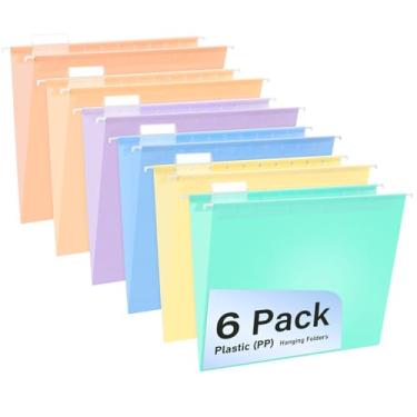 Imagem de WORPSON Pastas de arquivo suspensas de plástico, pacote com 6 pastas penduradas em pastel, tamanho carta com abas cortadas em 1/5, forte para arquivos em massa, documentos e papel, arquivo de