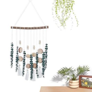 Imagem de WADORN Decoração de parede de eucalipto artificial, folhas de vegetação falsa, caules, plantas penduradas na parede em bastão de madeira rústico boêmio, decoração de parede para casa com pregos e