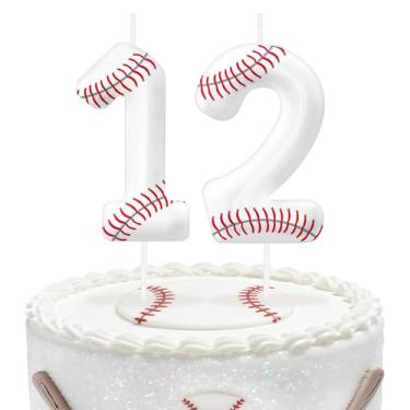 Imagem de Velas de aniversário de beisebol número 12, topo de bolo com tema de beisebol para meninos e meninas, decorações de bolo para aniversários, suprimentos de festa com tema esportivo, velas para