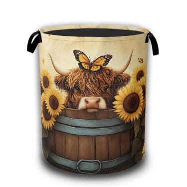 Imagem de Cesto de roupa suja Highland Cow, borboletas de girassol, dobrável, tecido Oxford impermeável, com alças, organizador de brinquedos para banheiro/berçário/quarto, 41 x 52,8 cm