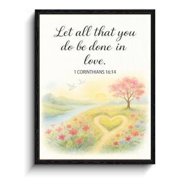 Imagem de Aquarela coração caminho prado com flores e pombas, "Let all that you do be done in love" 1 Corinthians 16:14 decoração de parede cristã, arte de parede com moldura fosca para berçário ou sala de