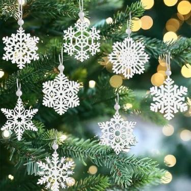 Imagem de MEMOVAN Ornamentos de flocos de neve brancos de 7,6 cm, 16 peças, flocos de neve de madeira, enfeites de pendurar para pendurar no inverno, floco de neve, enfeite de Natal para guirlanda de árvore de