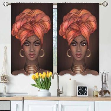 Imagem de Gpiaoyfo Cortinas de cozinha de mulher negra com lábios brilhantes e turbante beleza rosto cortinas de camada curta para banheiro, café, cortinas de janela pequena, tratamento de 2 painéis (27,5 x 39