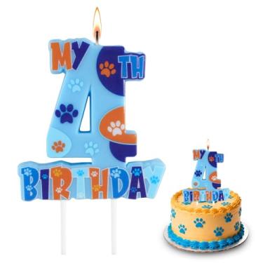 Imagem de Vela Dog Paw 4º Happy Birthday Candle, Blue Paw Number 4, topo de bolo de aniversário para meninos e meninas, decoração de festa de 4º aniversário (4º)