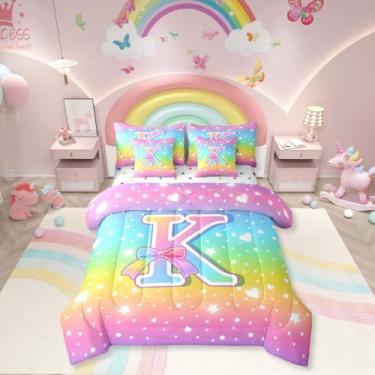 Imagem de Erosebridal Jogo de edredom solteiro com letra K com letra K, arco-íris, 7 peças, com laço e laço, reversível, arco-íris, ombré, princesa, monograma, respirável, leve