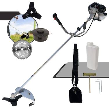 Imagem de Roçadeira À Gasolina Toyama TBC43H 43cc 1,7HP Com Sistema Anti-Vibração 2T Alta Rotação Com Carretel Nylon + Faca 3 Pontas + Faca 40 Dentes de Vídea