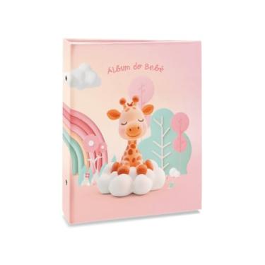 Imagem de Álbum de fotos Ical, encadernação tradicional, para 120 fotos 10x15cm - envelope plástico transparente - linha Bebê - modelo rosa - girafa - 67