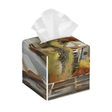 Imagem de Porta-lenços de couro quadrado à prova d'água paisagem retrô janela facial organizador de papel com cinto inferior cubo estojo de lenços para mesa, banheiro, escritório, mesa, carro, decorativo