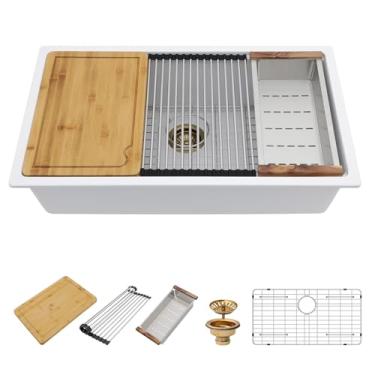 Imagem de Pia de cozinha branca de granito de 83 cm - Beslend 93 x 48 x 25,4 cm Pias de cozinha compostas de granito branco embaixo da pia de quartzo submontada, estação de trabalho clássica sob o balcão, bacia