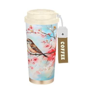 Imagem de SEHANY Caneca de viagem de pássaro colorida de 482 g Copos de café reutilizáveis revestidos de cerâmica com tampa à prova de vazamento, parede dupla, copo de café de aço inoxidável isolado a vácuo