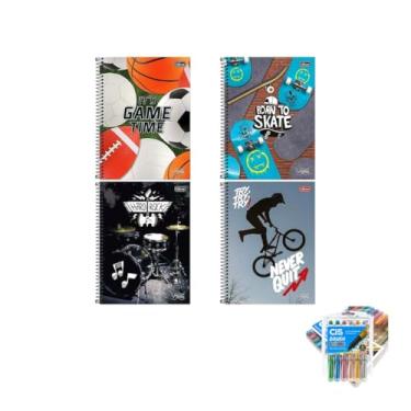 Imagem de Kit Caderno Universitário Vibe Masc 80F Tilibra Caneta Trigel Metálica e Marcador Artístico