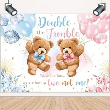 Imagem de LIGHTINHOME Double The Trouble Twice The Fun We are Having Pano de fundo 19 x 13 cm A para chá de bebê para chá de bebê azul e rosa revelação de gênero para fotografia decoração de fundo para cabine