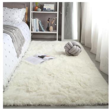 Imagem de SPXMQSS Tapetes de área para sala de estar, tapete de pelúcia longo macio para quarto, antiderrapante, antiderrapante, lavável à máquina para sala de estar, quarto, cabeceira, casa off-white 120 x 200