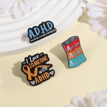 Imagem de Conjunto de 3 broches de suporte à neurodiversidade para TDAH, autismo, ansiedade, conscientização, com design "I Love Someone with ADHD" para jaquetas, mochilas, cachecol decoração