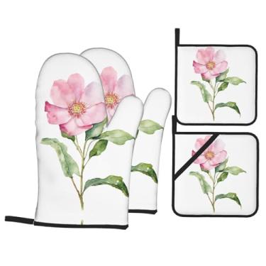 Imagem de Peony - Conjunto de luvas de cozinha estampadas com suportes de tampa, luvas de forno resistentes ao calor para manusear panelas quentes, grelhar, churrascos, kit de 4 peças.