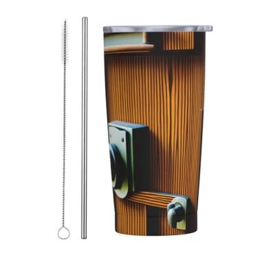 Imagem de Zeraoke Porta de madeira e impressão de fechadura 590 ml caneca de aço inoxidável com tampa de palha, caneca de palha de carro, mantém as bebidas frias para escritório, casa, funciona muito bem para