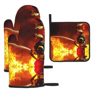Imagem de Firefighter Fireman Flame – Conjunto de cozinha essencial com 3 peças, luvas resistentes ao calor e aderência da tampa, proteção para churrasco no forno, design de armazenamento suspenso.
