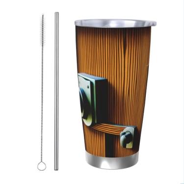 Imagem de Zeraoke Porta de madeira e impressão de fechadura 590 ml caneca de aço inoxidável com tampa de palha, caneca de palha de carro, mantém as bebidas frias para escritório, casa, funciona muito bem para