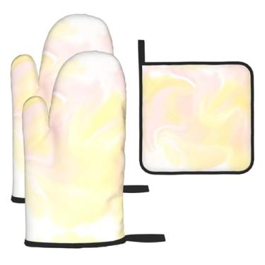 Imagem de Aquarela amarela - Conjunto essencial de cozinha com 3 peças, luvas resistentes ao calor e aderência da tampa, proteção para churrasco no forno, design de armazenamento suspenso.