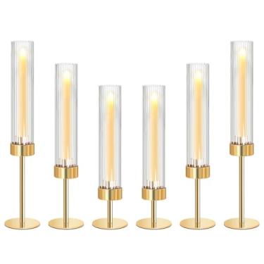 Imagem de Conjunto de 3 castiçais cônicos de metal e acrílico com design canelado - candelabro cilíndrico transparente para casamento, Natal, festa, mesa de jantar decoração de centro de mesa (ouro, conjunto de