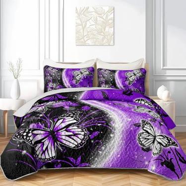 Imagem de QOOMO Conjunto de colcha infantil borboleta, estampa de flores, roxo, macio e leve para todas as estações, tamanho solteiro, 1 conjunto de colcha e 2 fronhas