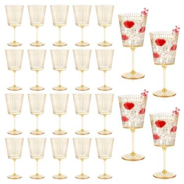 Imagem de SHIQIKEJIPTY 24 peças de taças de vinho de plástico com nervuras douradas de 382 g taças de vinho com nervuras destacáveis, taças de vinho elegantes, caneladas, estilo vintage para festas de casamento