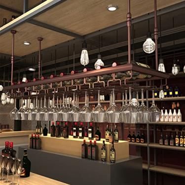 Imagem de APUM Rack de vinho de teto vintage para taças de vinho, suporte de garrafa de vinho, prateleira de armazenamento de cozinha de ferro, decoração suspensa, prateleiras organizadoras flutuantes