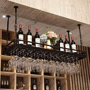 Imagem de APUM Rack de vinho de metal de teto, altura ajustável, prateleira flutuante de bar, suporte de garrafa de taça de cabeça para baixo, suporte de exibição para bares e restaurantes