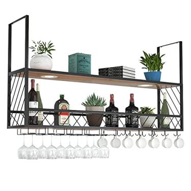 Imagem de GKPSSURV Rack de exibição de vinho moderno montado na parede com 4 luzes, rack de vidro de vinho para bar de teto, rack de armazenamento de vinho industrial de 2 camadas, suporte de garrafa prateleira