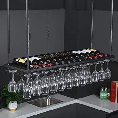 Imagem de Rack de vinho de metal de teto, altura ajustável, suporte de decoração para pendurar, prateleira de garrafa de vinho vintage, suporte de taças de cálice, para bares/restaurantes